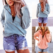 Fashion Solid Color Long Sleeve Stand Collar Sweatshirt