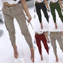 Fashion Solid Color High Waist Side-pocket Pants(Without belt)