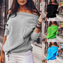 Sexy Off-shoulder Boat Neck Long Sleeve Solid Color Sweater