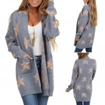 Fashion Pentagram Printed Long Sleeve Loose Knit Cardigan