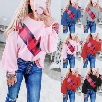 Fashion Lantern Sleeve Round Neck Plaid Spliced Loose T-shirt