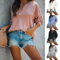 Fashion Solid Color Long Sleeve V-neck T-shirt