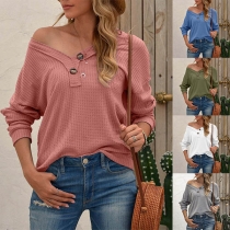 Fashion Solid Color Long Sleeve V-neck T-shirt