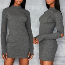 Fashion Solid Color Long Sleeve Mock Neck Slim Fit Dress