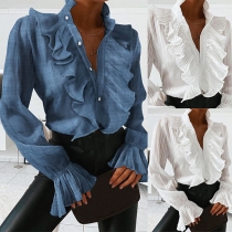 Sexy V-neck Long Sleeve Solid Color Ruffle Top