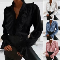 Sexy V-neck Long Sleeve Solid Color Ruffle Top