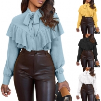 Sweet Style Long Sleeve Solid Color Ruffle Blouse