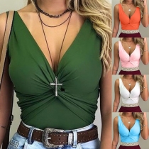 Sexy Twisted V-neck Solid Color Slim Fit Tank Top