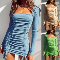 Sexy Solid Color Long Sleeve Square Neck Adjustable Drawstring Dress