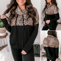 Fashion Leopard Spliced Long Sleeve Cowl Neck Sweatshirt
