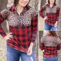 Fashion Leopard Spliced Long Sleeve Stand Collar Plaid Sweatshirt