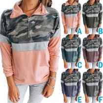 Fashion Camouflage Printed Spliced Long Sleeve Stand Collar Sweatshirt