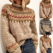 Fashion Mixed Color Long Sleeve Mock Neck Sweater