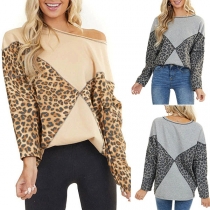 Fashion Leopard Spliced Long Sleeve Round Neck T-shirt