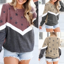 Fashion Contrast Color Star Printed Long Sleeve Round Neck T-shirt