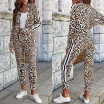 Fashion Leopard Printed Long Sleeve Stand Collar Sports Suit