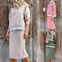 Fashion Long Sleeve Hooded Sweatshirt + Skirt Two-piece Set