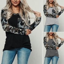 Fashion Camouflage Printed Spliced Long Sleeve V-neck T-shirt