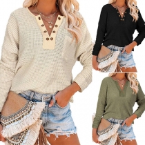 Fashion Solid Color V-Neck Pocket Long Sleeve Top