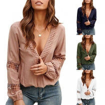 Sexy Solid Color Lace Spliced Deep V-Neck Hollow Out Long Sleeve Top