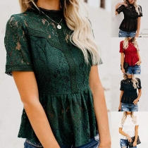 Sexy Short Sleeve Mock Neck Solid Color Hollow Out Lace Top