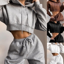 Fashion Solid Color Hooded Long Sleeve Sweatershirt + Pants-Two Piece Set