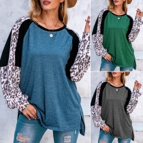 Fashion Leopard Spliced Long Sleeve Round Neck Slit Hem T-shirt