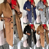 Fashion Solid Color Long Sleeve Notched Lapel Wolen Coat