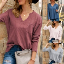 Simple Style Long Sleeve V-neck Solid Color T-shirt