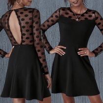 Sexy Backless Dots Gauze Spliced Long Sleeve Round Neck Dress