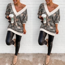 Casual Camouflage Printed Long Sleeve V-Neck Loose Top