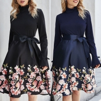 Retro Style Trumpet Sleeve Stand Collar Printed Spliced Hem Dress