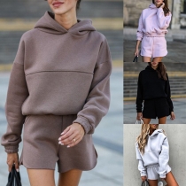 Fashion Solid Color Hooded Long Sleeve Sweatshirt + Shorts Two-piece Set