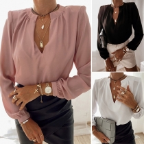 OL Style Solid Color V-Neck Pullover Long Sleeve  Shirt