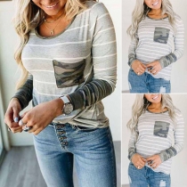 Fashion Camouflage Spliced Long Sleeve Round Neck Striped T-shirt