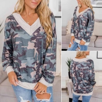 Fashion Long Sleeve V-neck Camouflage Printed Top