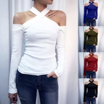 Sexy Off-shoulder Long Sleeve Solid Color Slim Fit T-shirt
