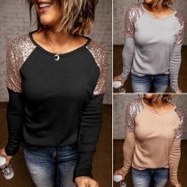 Fashion Sequin Spliced Long Sleeve Round Neck T-shirt(The size falls big)