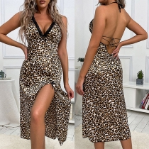 Sexy Backless V-neck Slit Hem Lace Spliced Leopard Printed Sling Dress