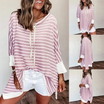 Fashion Long Sleeve Cowl Neck Slit Hem Striped T-shirt