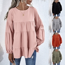 Fashion Solid Color Lantern Sleeve Round Neck Loose Top