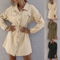 Fashion Solid Color Long Sleeve POLO Collar Shirt Dress
