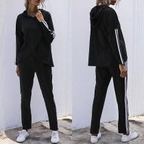 Fashion Striped Spliced Long Sleeve Hooded Sweatshirt + Pants Two-piece Set