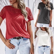 Fashion Short Sleeve Round Neck Hollow Out Crochet Spliced T-shirt