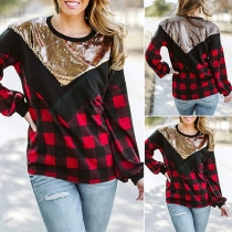Fashion Sequin Spliced Long Sleeve Round Neck Plaid Sweatshirt