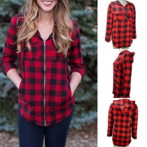 Fashion Long Sleeve Hooded Front-zipper Plaid Top