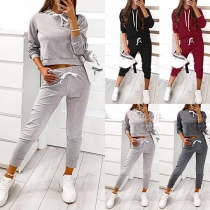 Solid Color Hooded String Long Sleeve Sweatshirt+Pants Two-piece Set