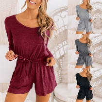 Fashion Solid Color Round Neck Long Sleeve High Waist Romper