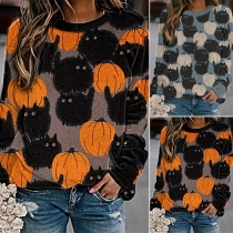 Fashion Pumpkin Printed Round Neck Long Sleeve Sweatshirt