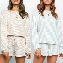 Casual Round Neck Long sleeve Striped Top+Shorts Two-piece Set